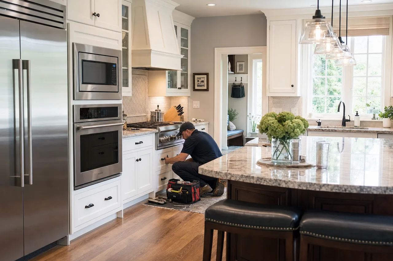 A luxury kitchen with built-in stainless appliances mid-repair